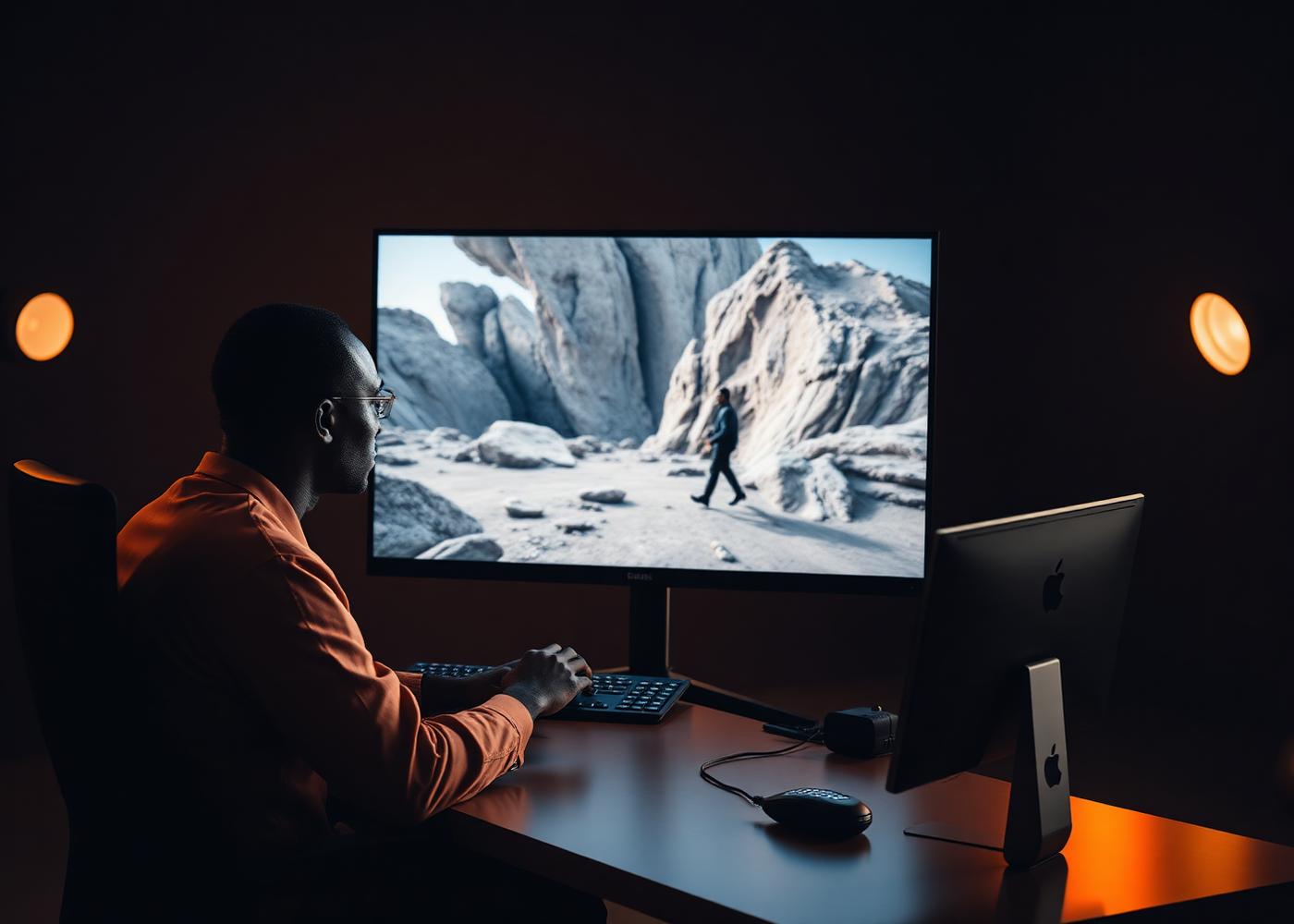 An African creator working through an AI lesson on a laptop in the AIVA studio