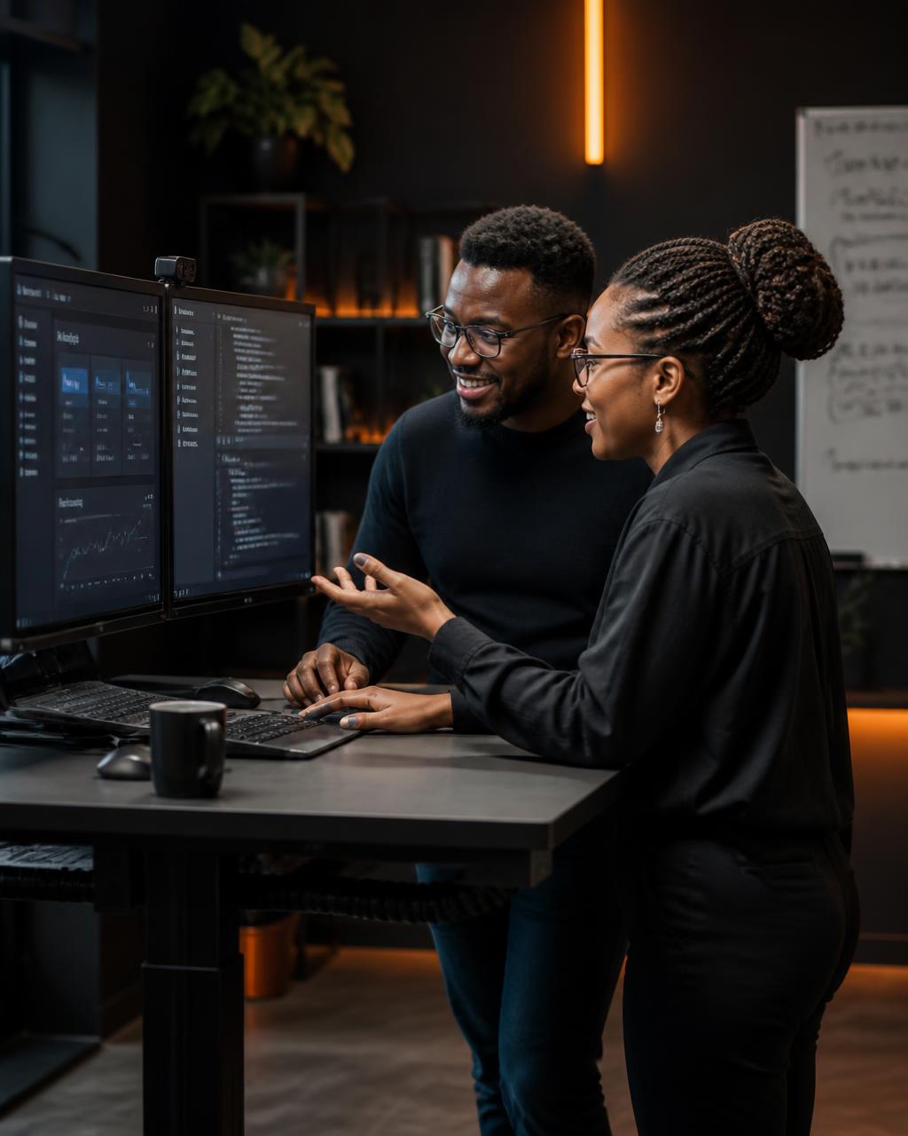 African student building an AI project on a laptop with a mentor reviewing the work