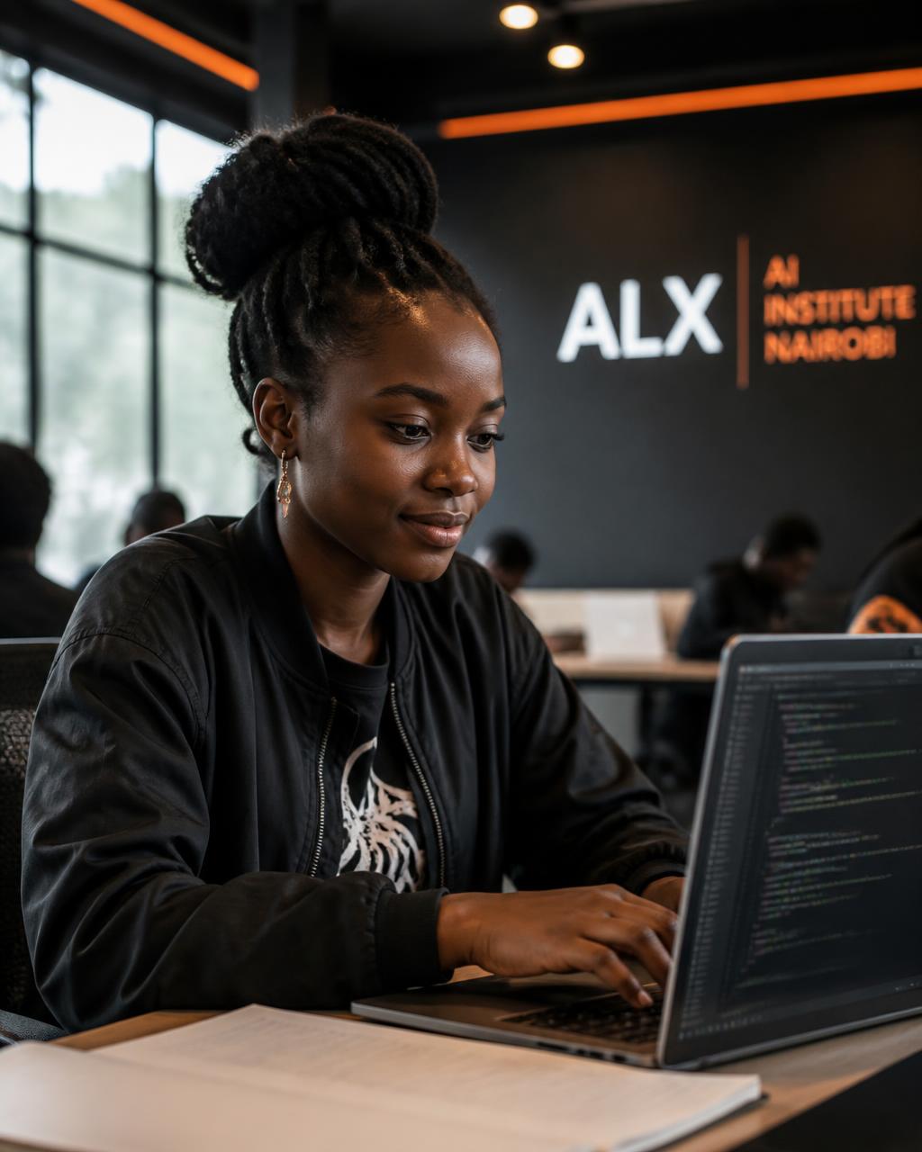 Young African learners in an AIVA classroom working through applied AI coursework on laptops